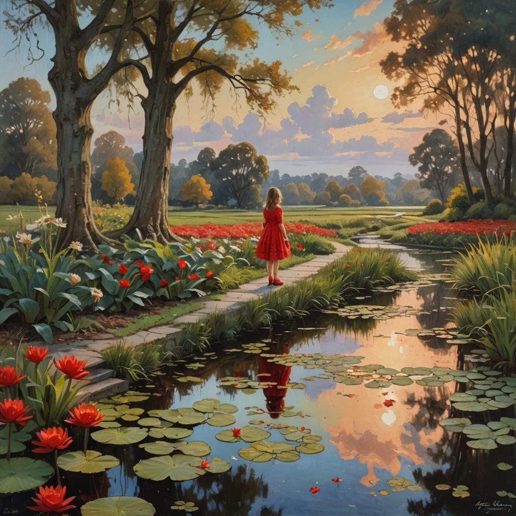 Autumn Reflection with Girl and Rabbits, Oil Painting