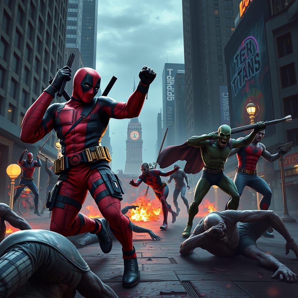 Deadpool & Teen Titans Fight Zombies in City Square