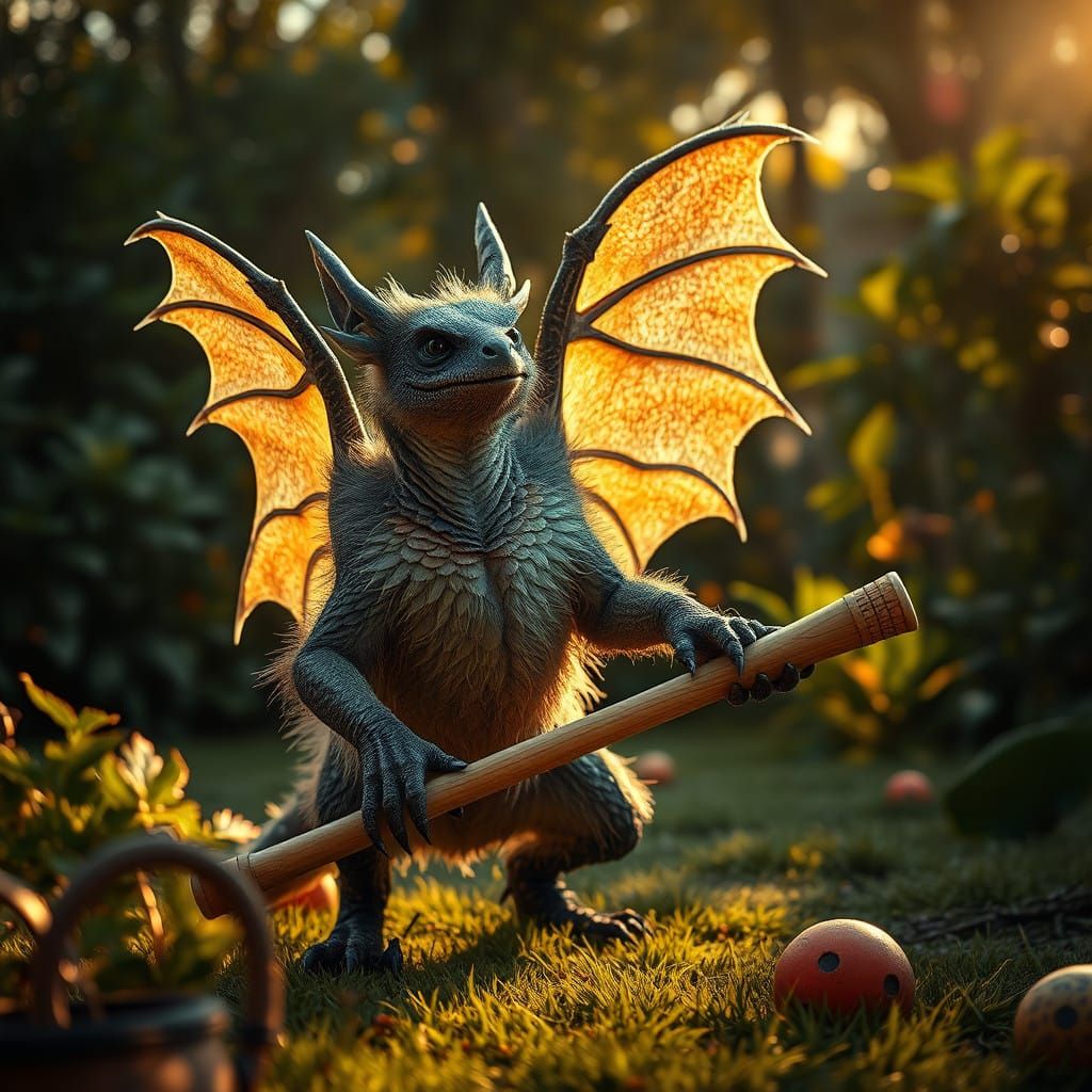 Surreal Chupacabra Croquet Scene in a Forgotten Garden