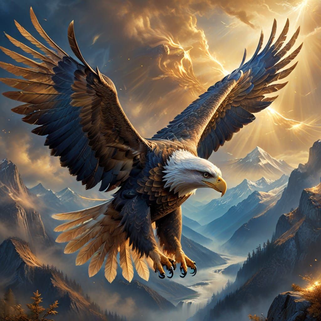Majestic Eagle Soaring Through Misty Mountains