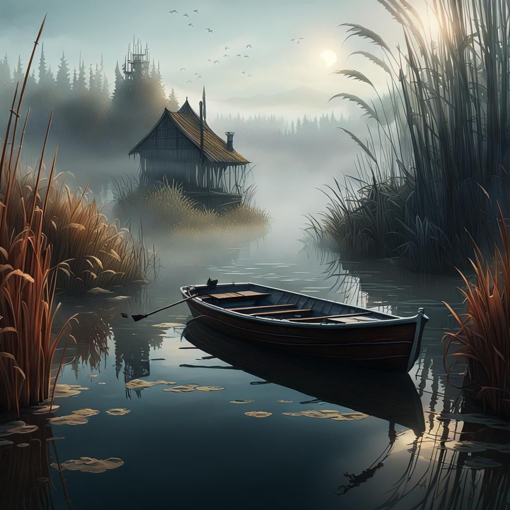 Foggy Lake Boat: Dark Fantasy Art in 8K