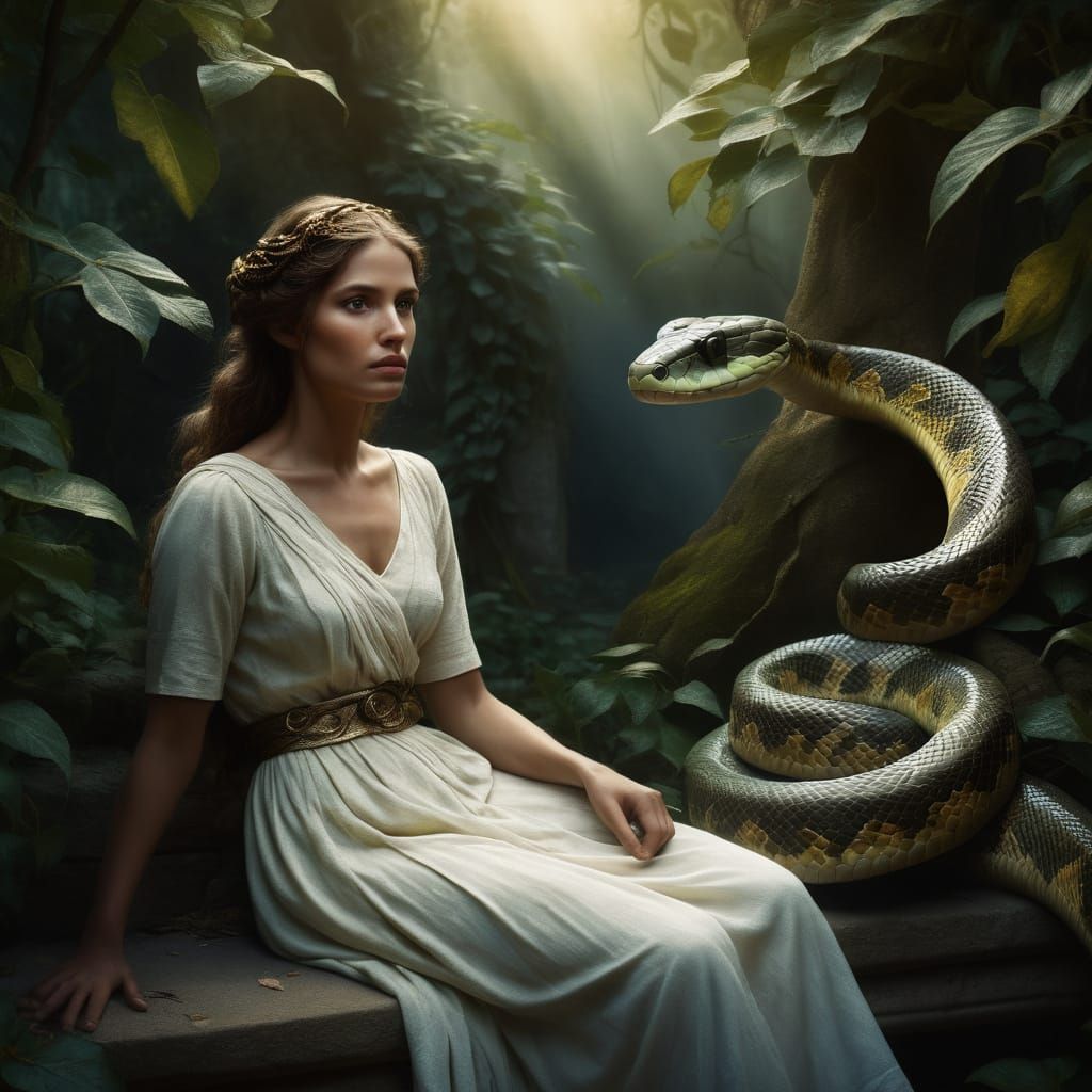 Serene Woman Enthralled by a Majestic Snake in Earthy, Golde...