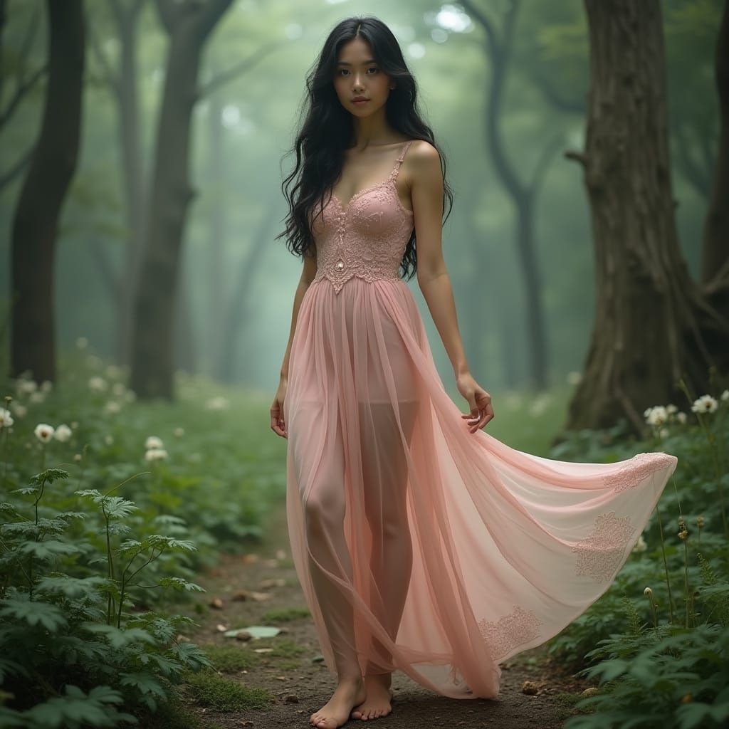 Ethereal Woman in Enchanted Forest, Inspired by Art Nouveau