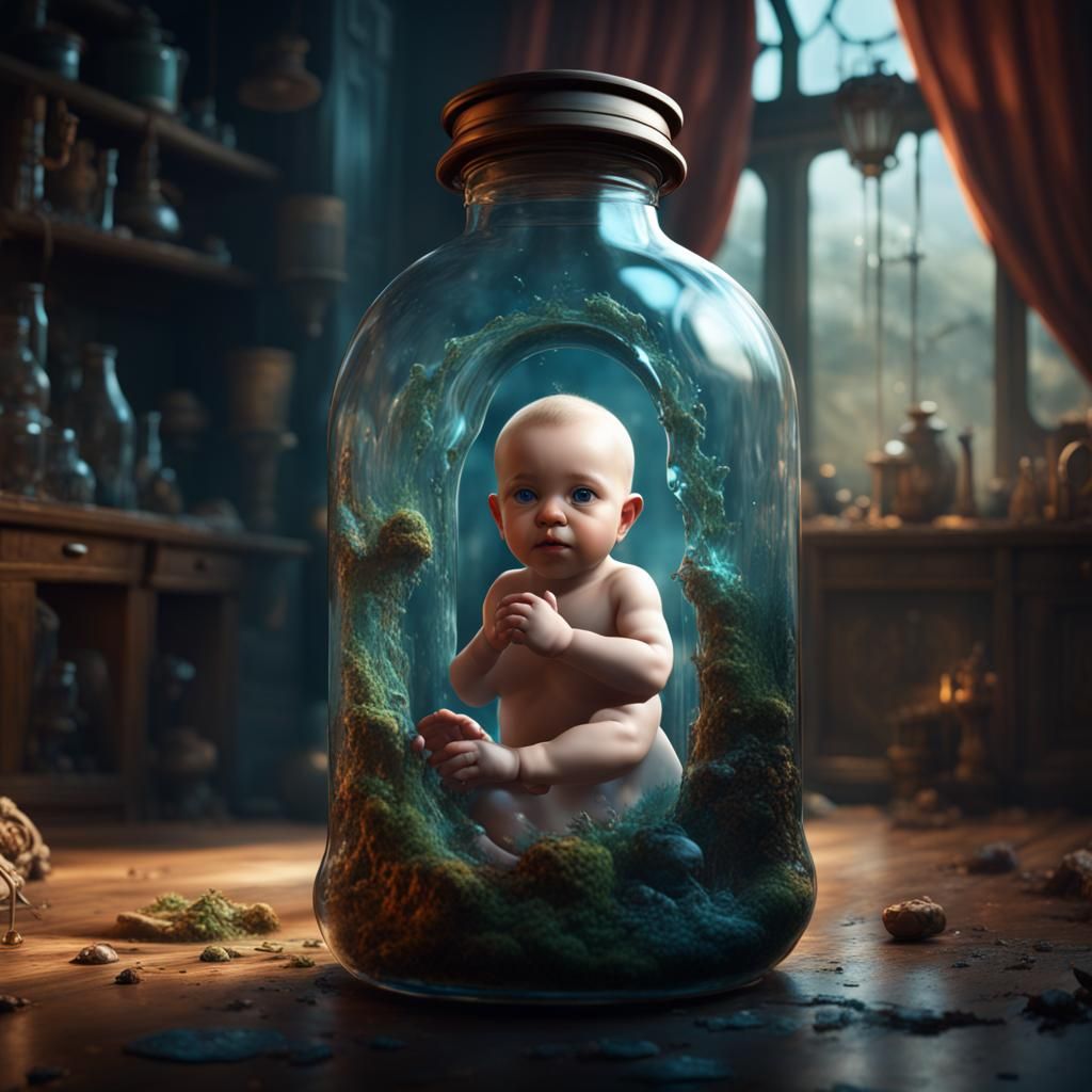 Baby in Bottle: Detailed Fantasy Concept Art