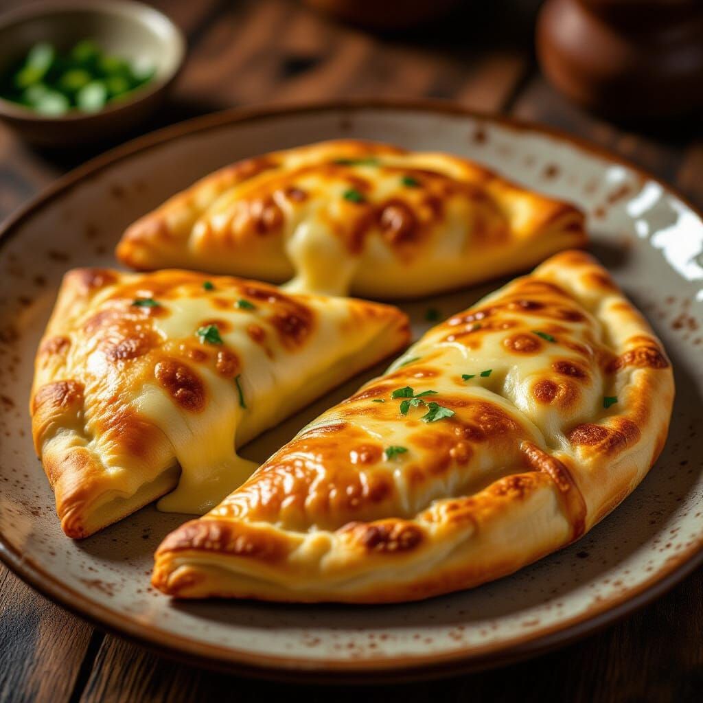 Hyper-Realistic Calzones on Rustic Plate in Golden Hour Ligh...