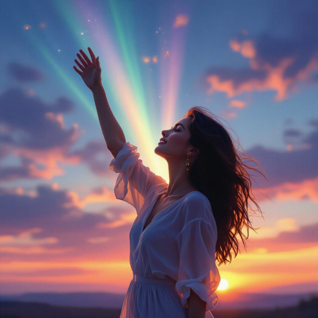 Vibrant Woman Reaching Sky at Dawn in Rainbow Hues