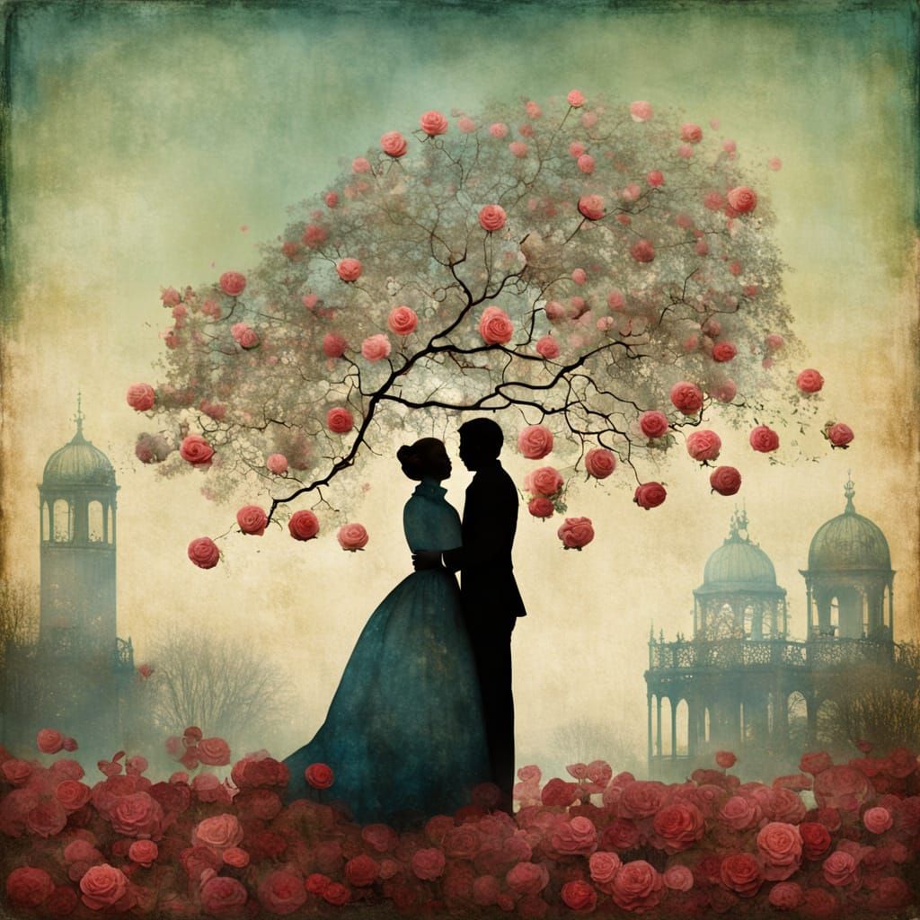 Couple Embracing Under Rose Bush in Dreamlike Blur