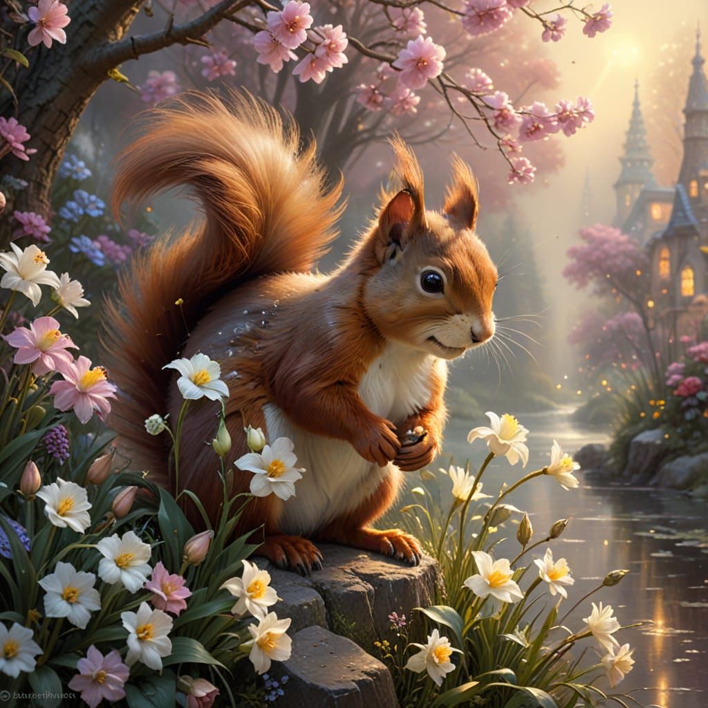 Whimsical Red Squirrel in a Fantastical Garden