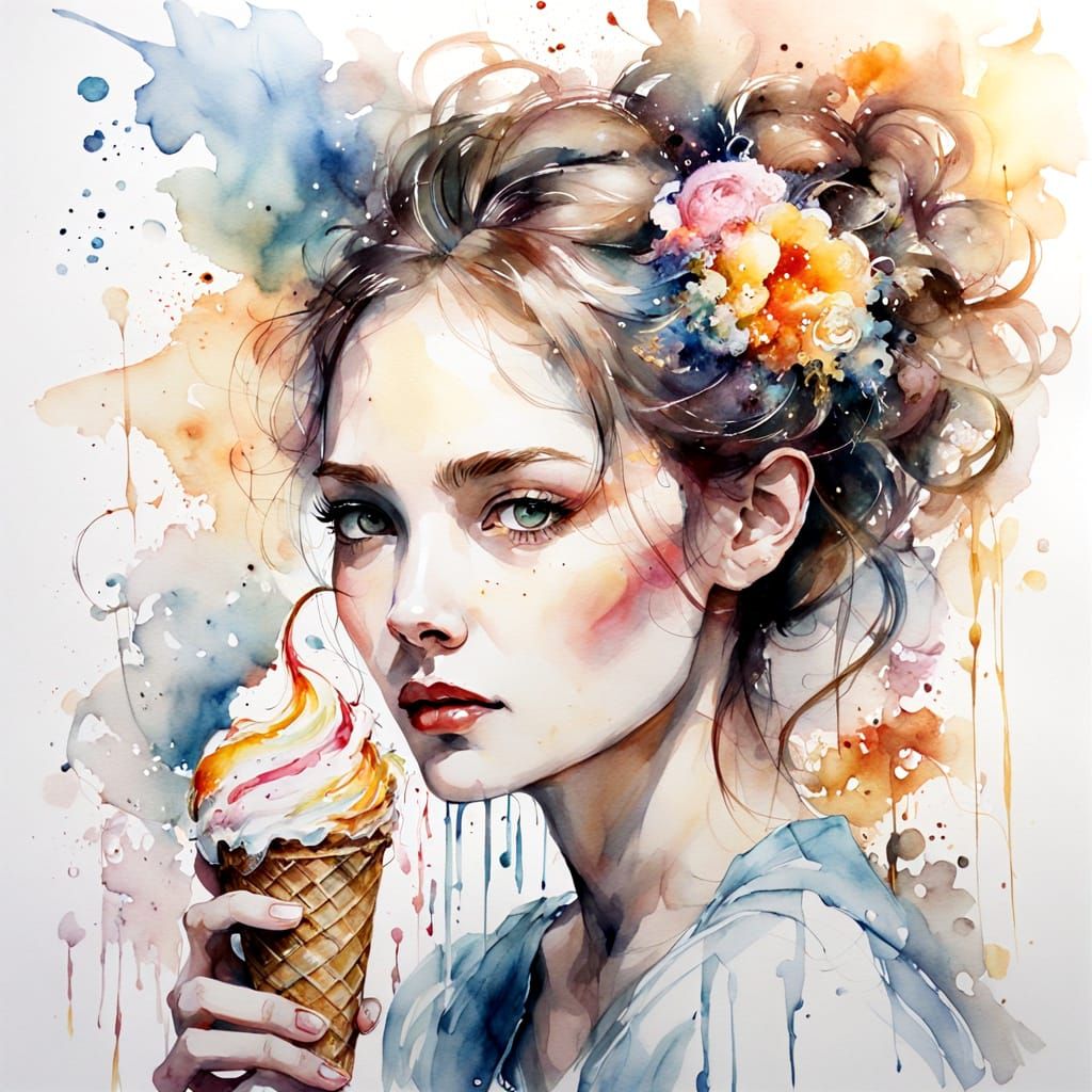Ice Cream Maiden's Whimsical Watercolor Feast