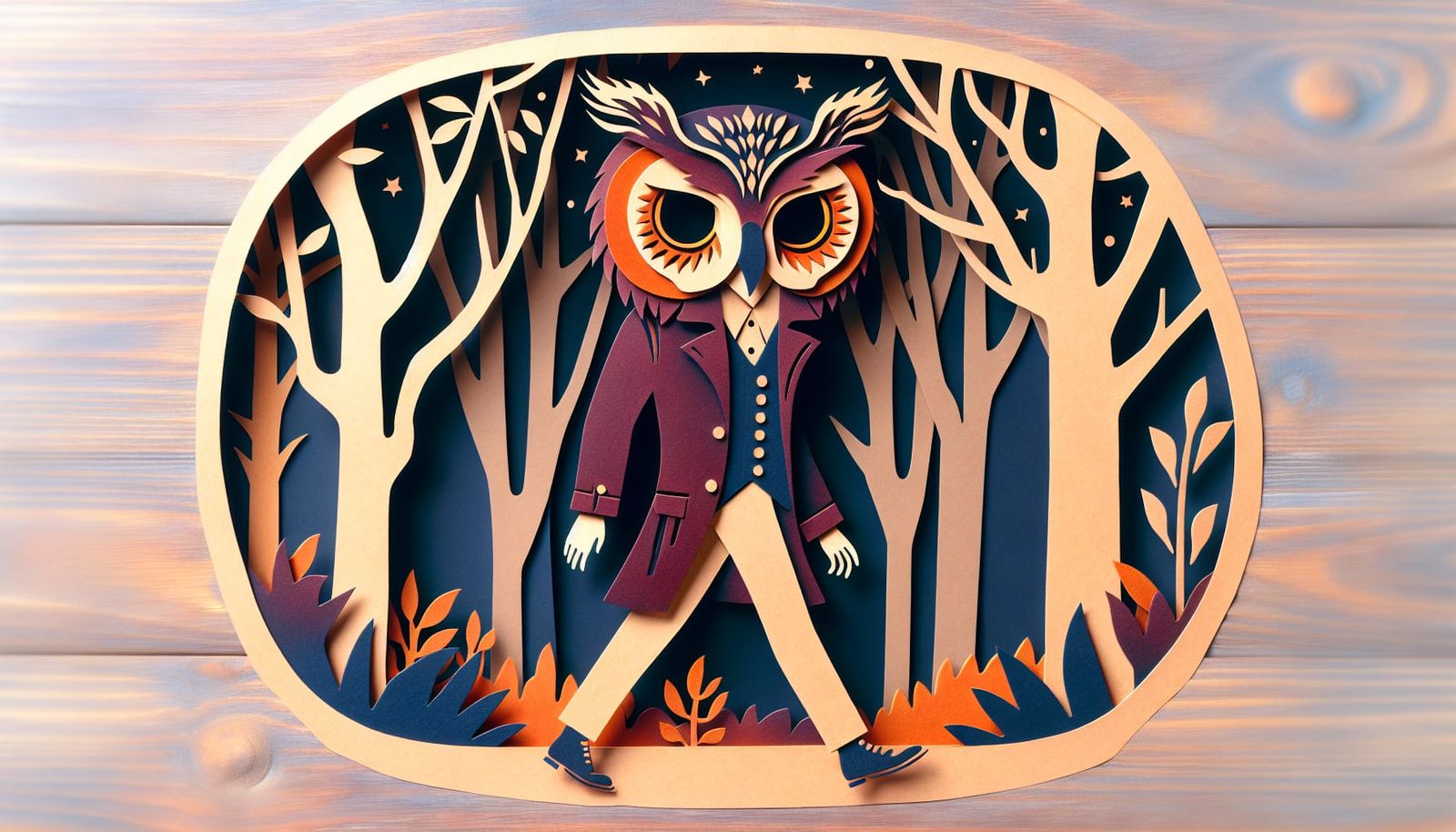 Whimsical Owl-Headed Man in Forest Papercut