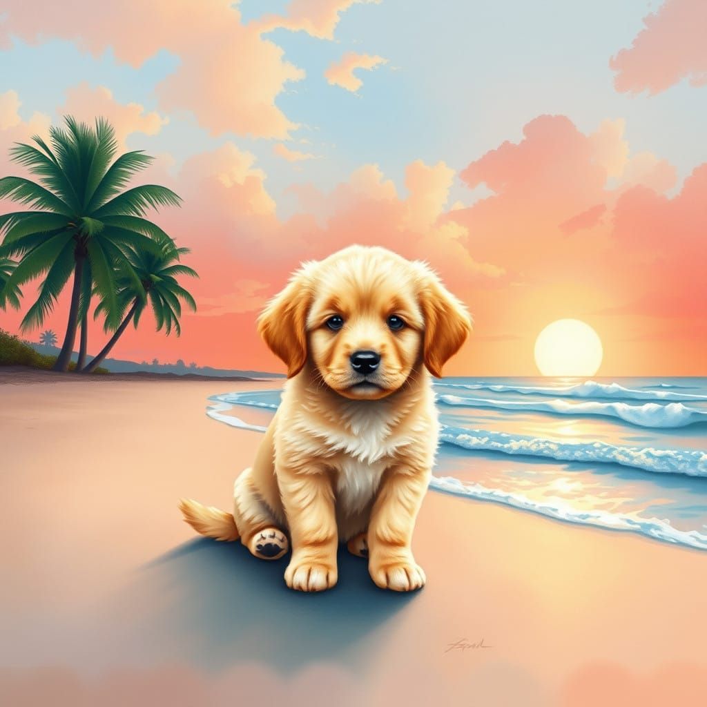 Peaceful Sunset with a Golden Puppy in Tropical Paradise