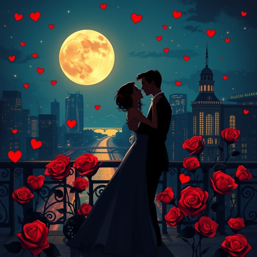 Romantic Moonlit Cityscape with Dancing Couple and Red Roses
