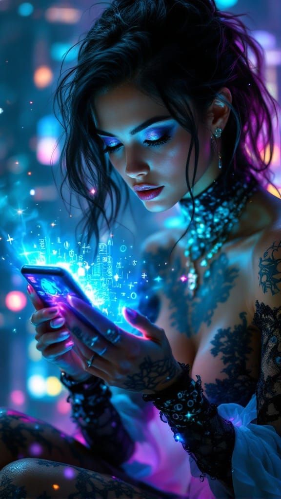 Cyber-Gothic Sorceress in a Futuristic, Neon Cityscape