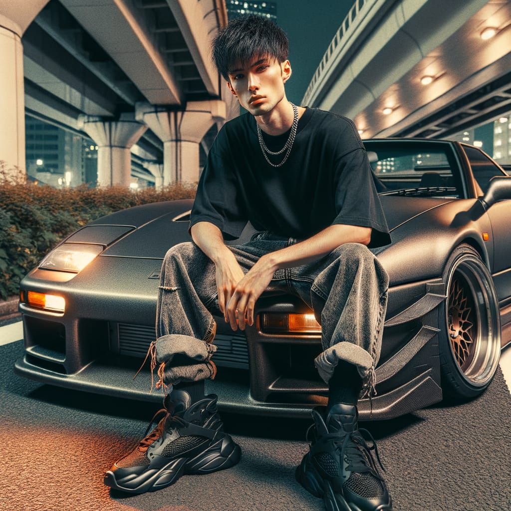 Grunge Style 2025: Man Poses by BMW M3 GTR in Tokyo