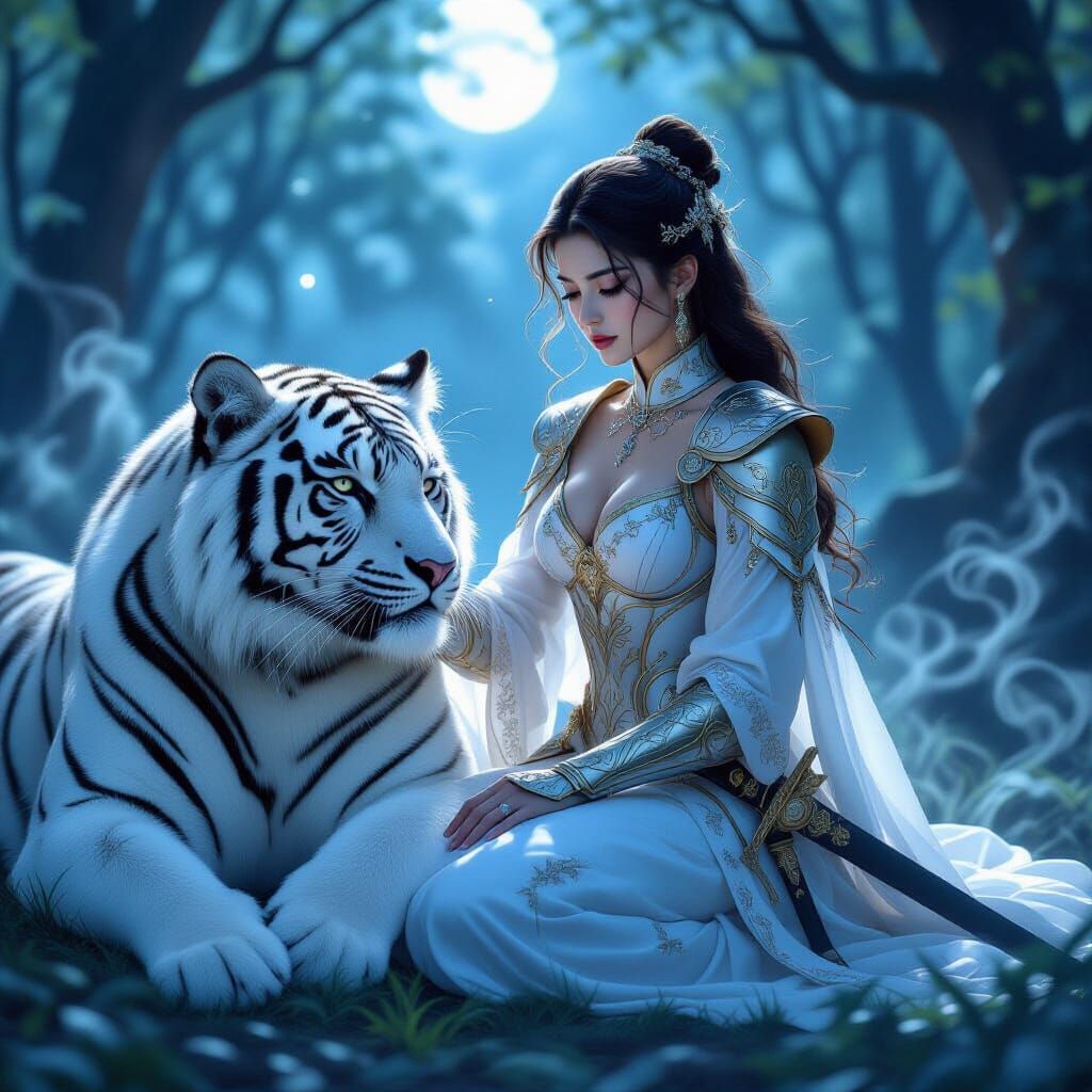Regal Warrior Woman with White Tiger in Moonlit Forest