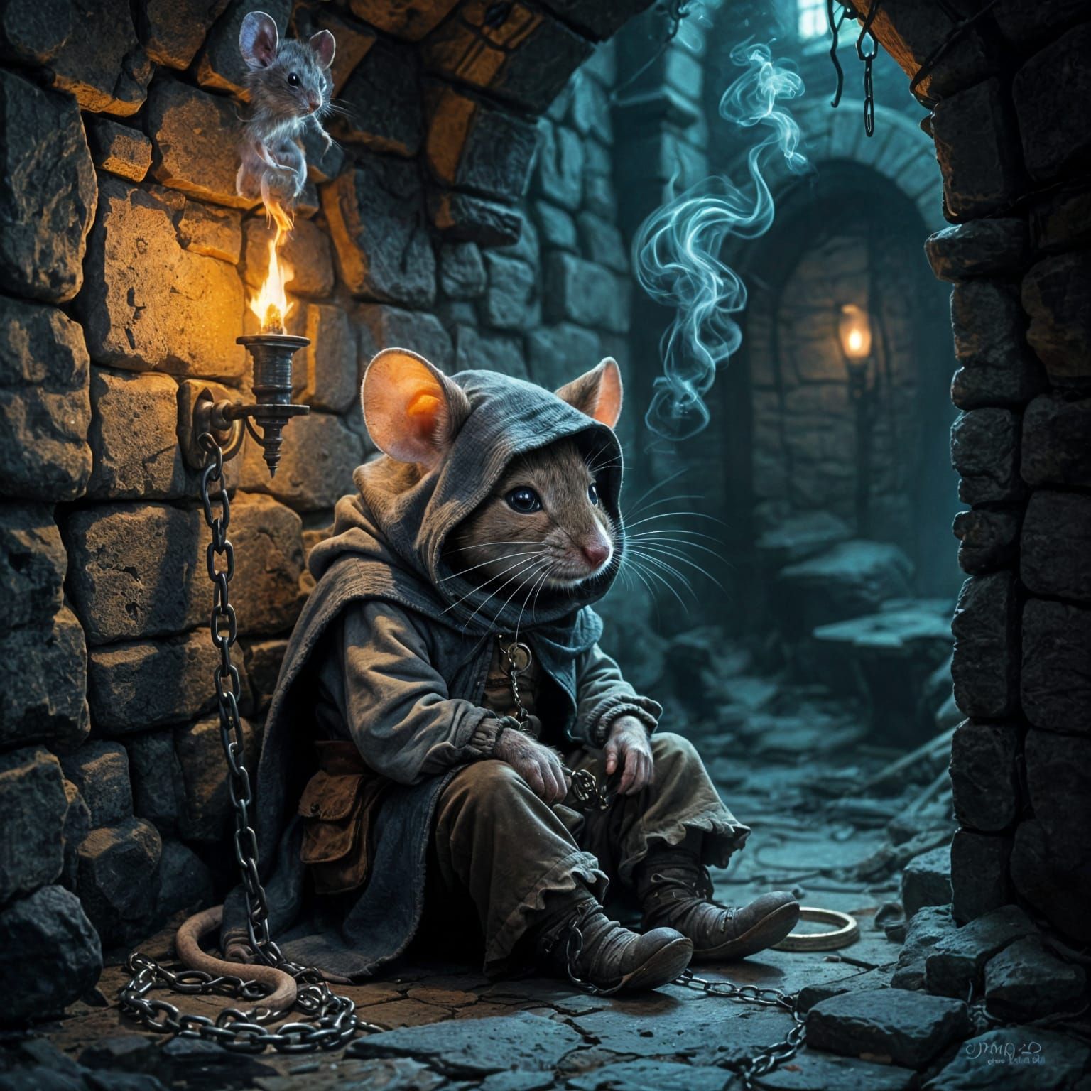 Anthropomorphic Mouse Imprisoned in Dark Cell, Ethereal Fant...