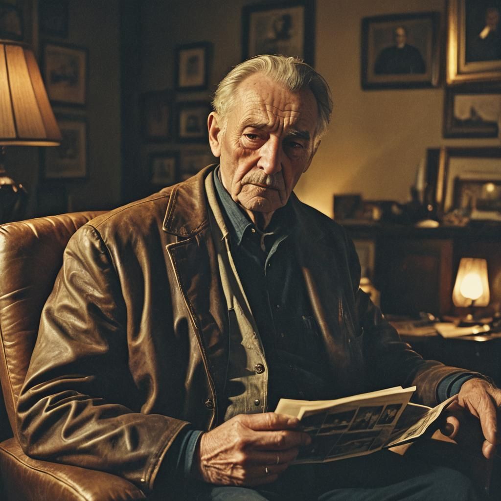 Nostalgic Father Reminisces in Dimly Lit Study
