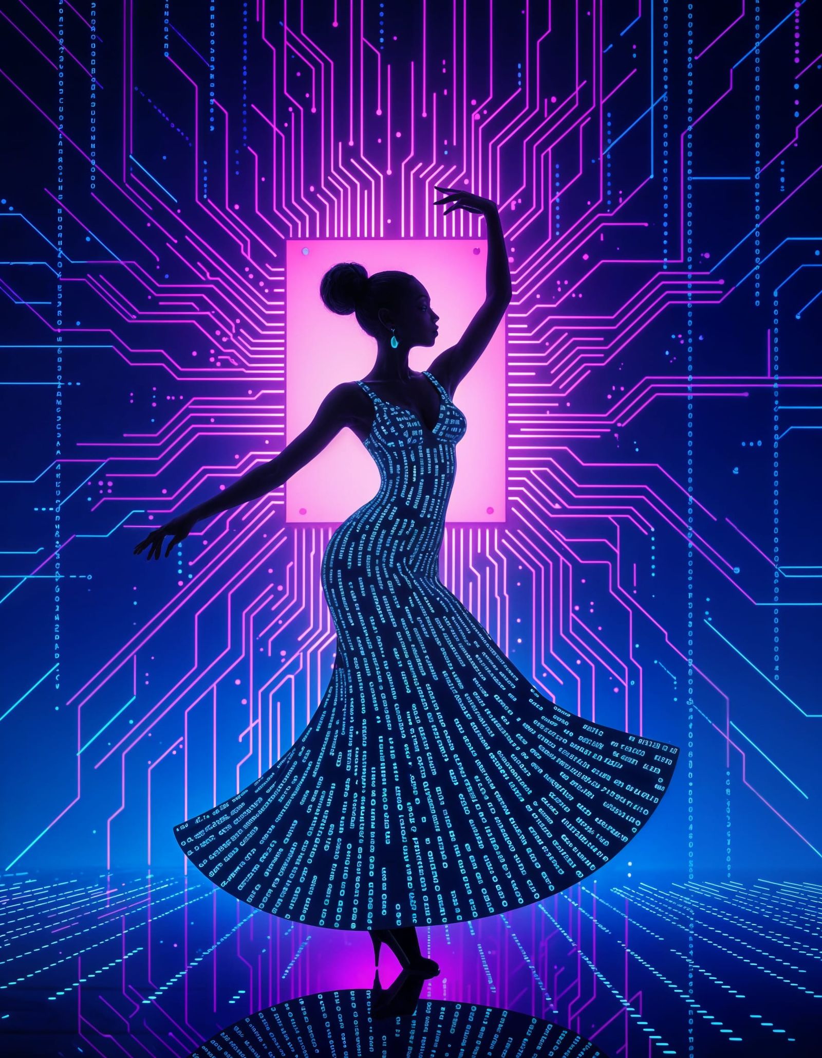 Digital Dancer Silhouette in Glowing Code and Circuit Board