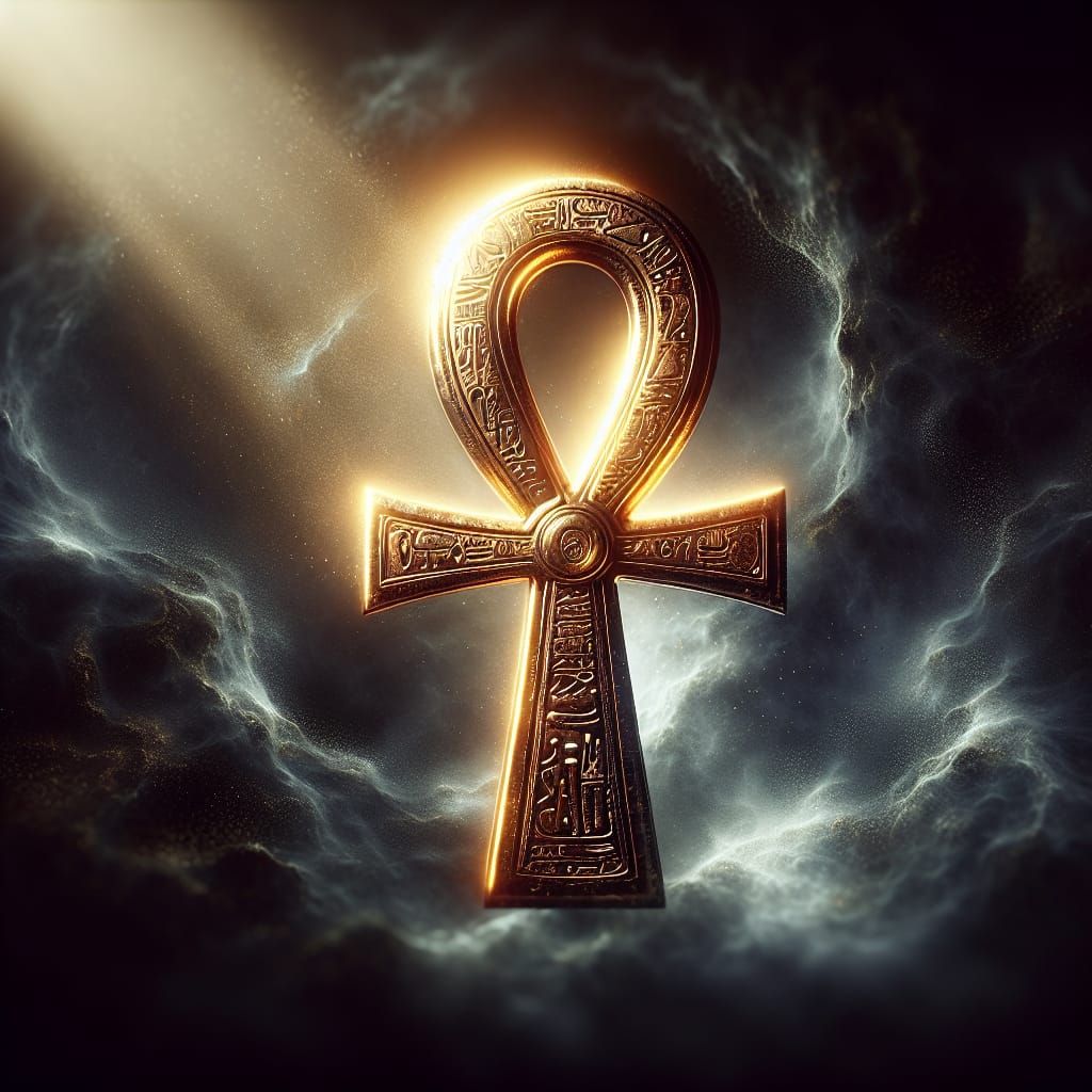 A gleaming golden Ankh radiates eternal light, casting a war...