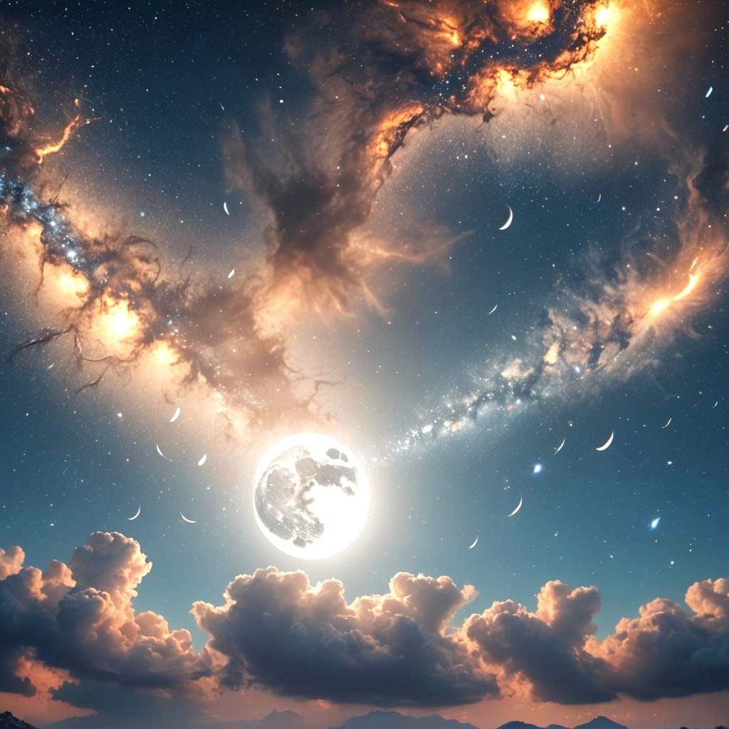 Milky Blue Moon Dancing on Starry Sky