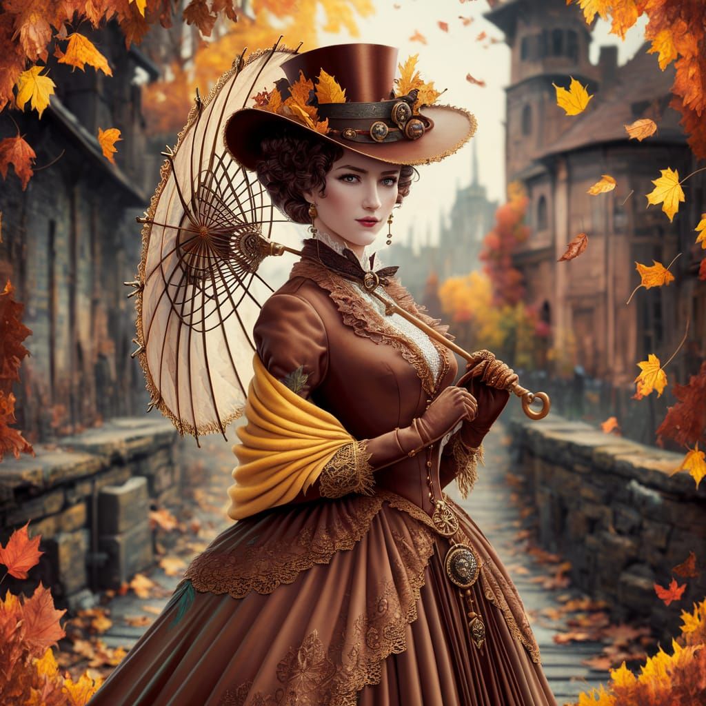 Steampunk Victorian Lady with Autumnal Colors in Watercolour