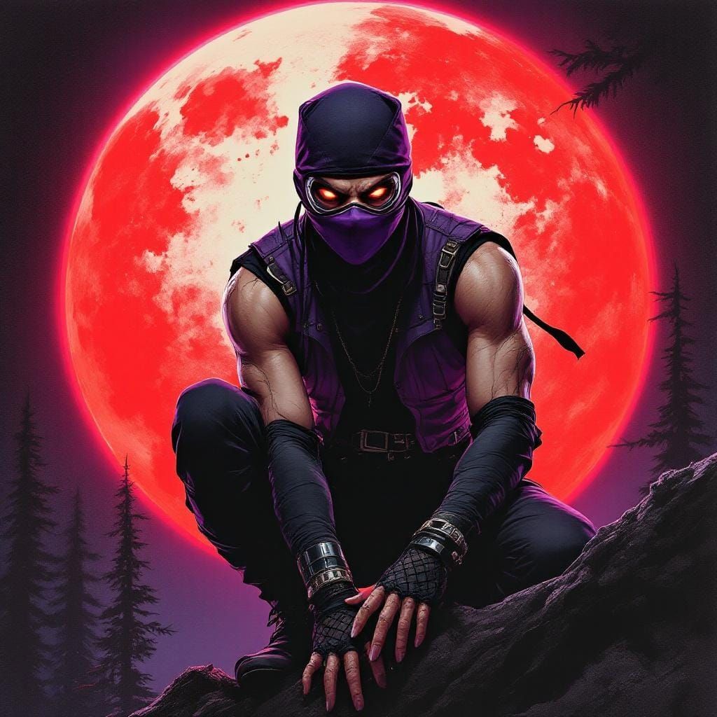 Cyberpunk Ninja Under Red Moon in 80s Poster Style