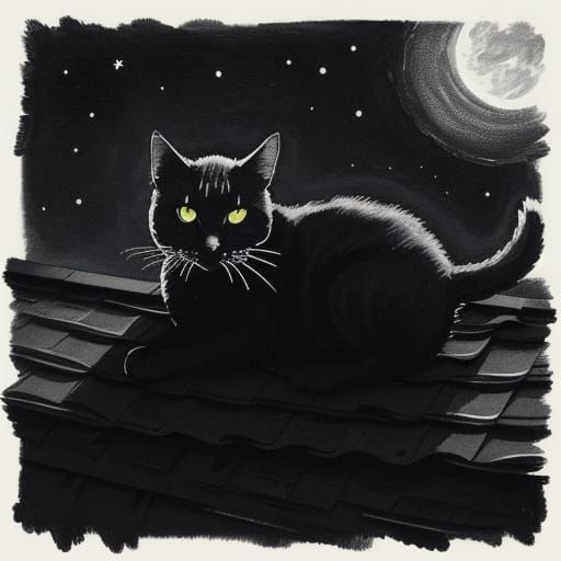 Expressionist Cat on Roof in Moonlit Night