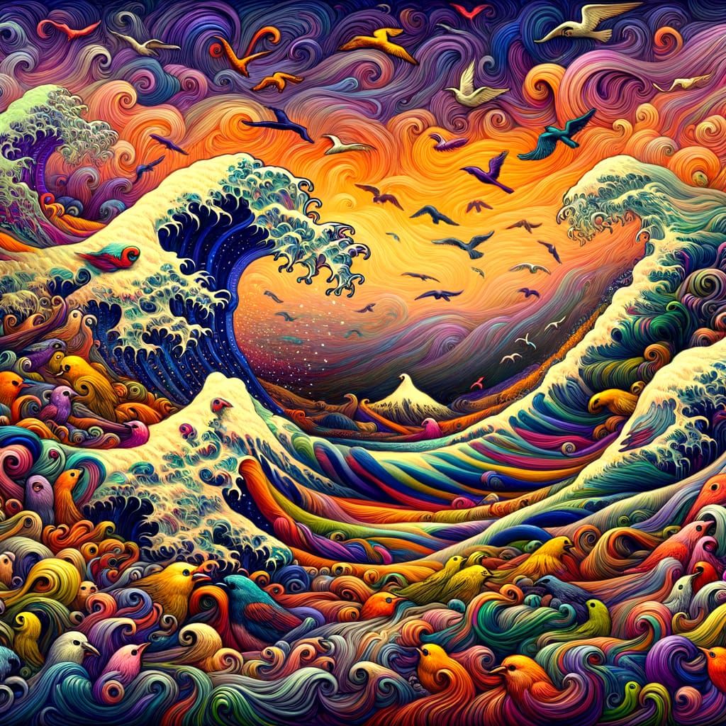 Whimsical Landscape with Jubjub Birds, Oil Painting