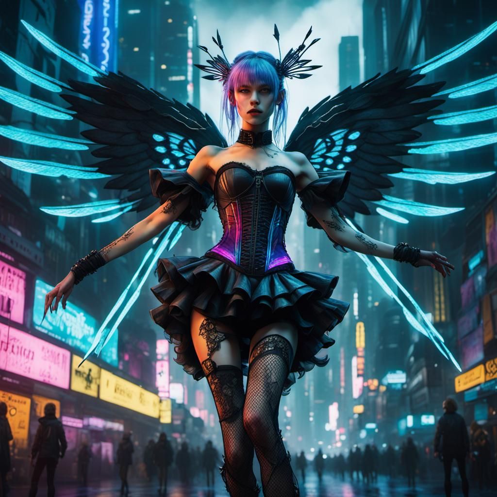 Psychedelic Cyberpunk Angel in Magic Forest