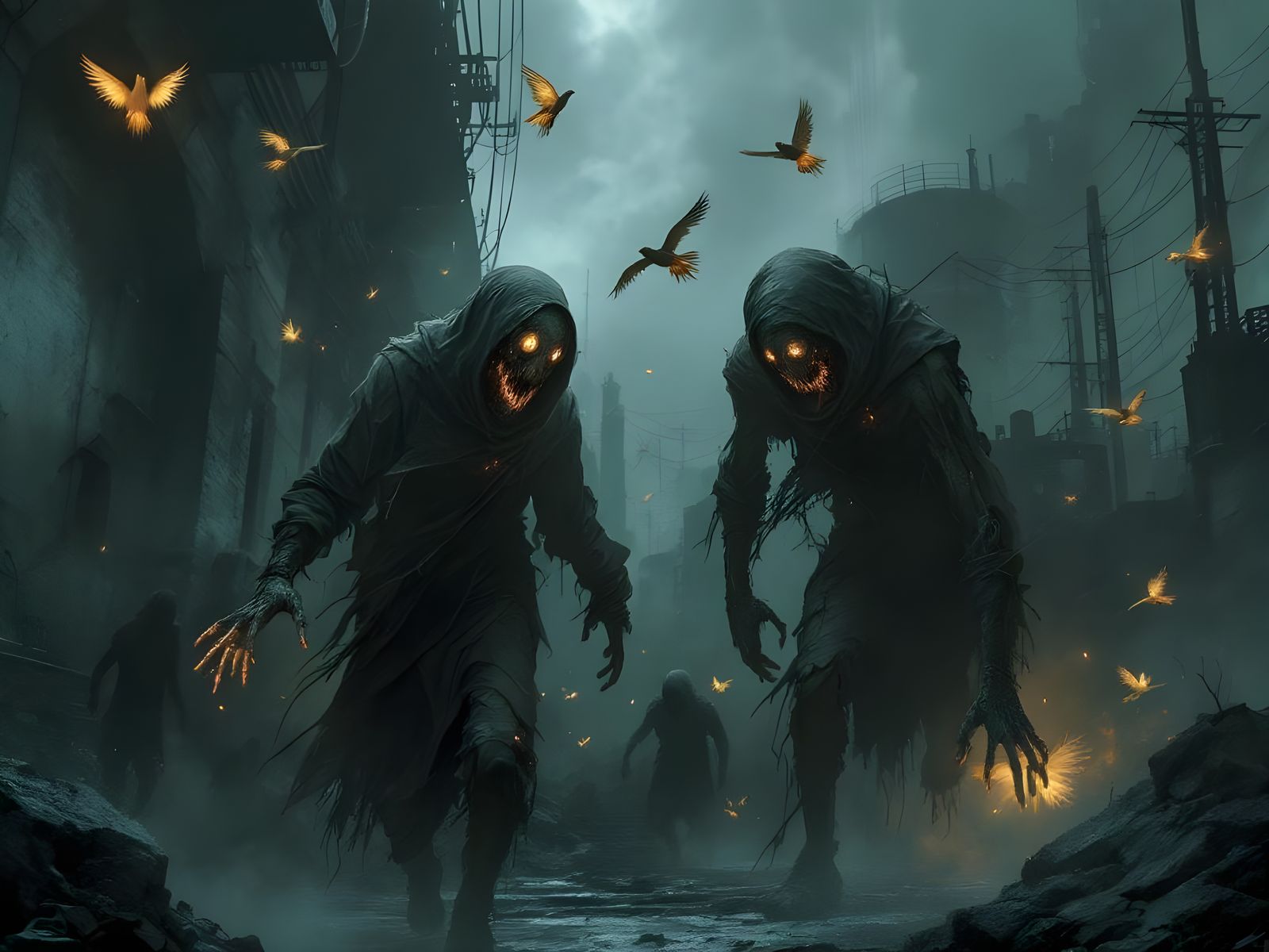 Neo-Noir Urban Landscape with Twisted Figures