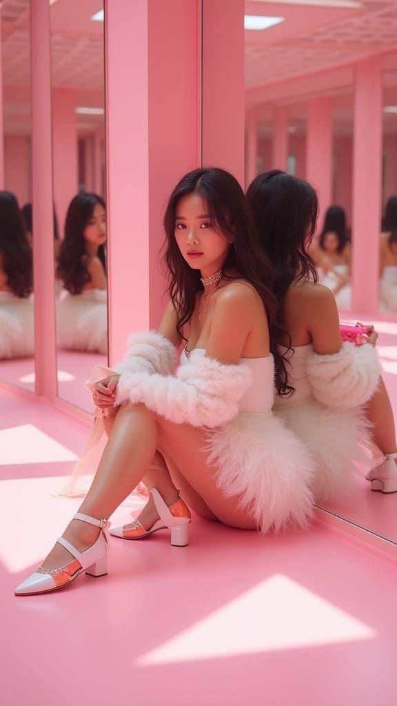 Woman in Pink Amidst Infinite Reflections