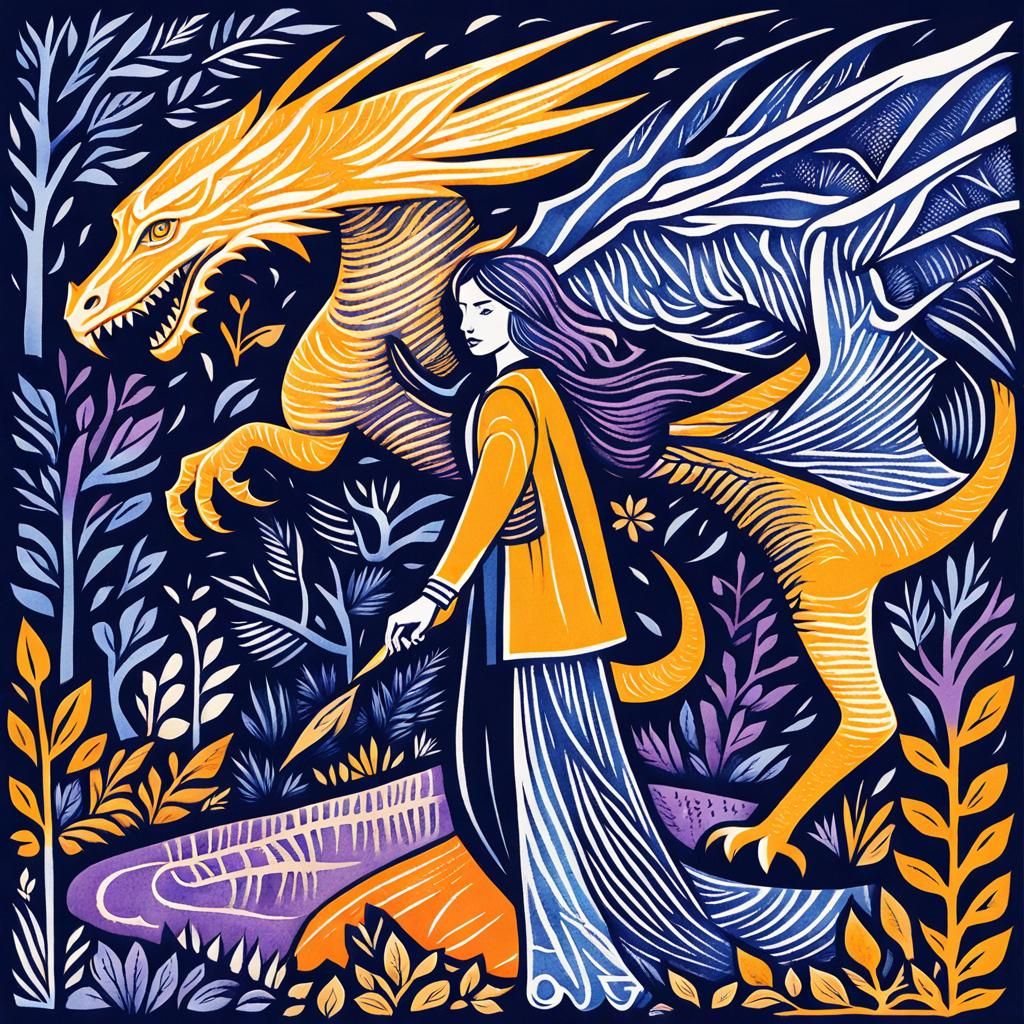 Woman and Wyvern: Dark Academia Digital Illustration