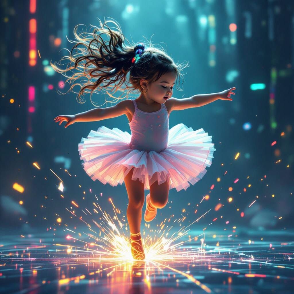 Baby Dancer's Neon Pixel Leap in Futuristic Style