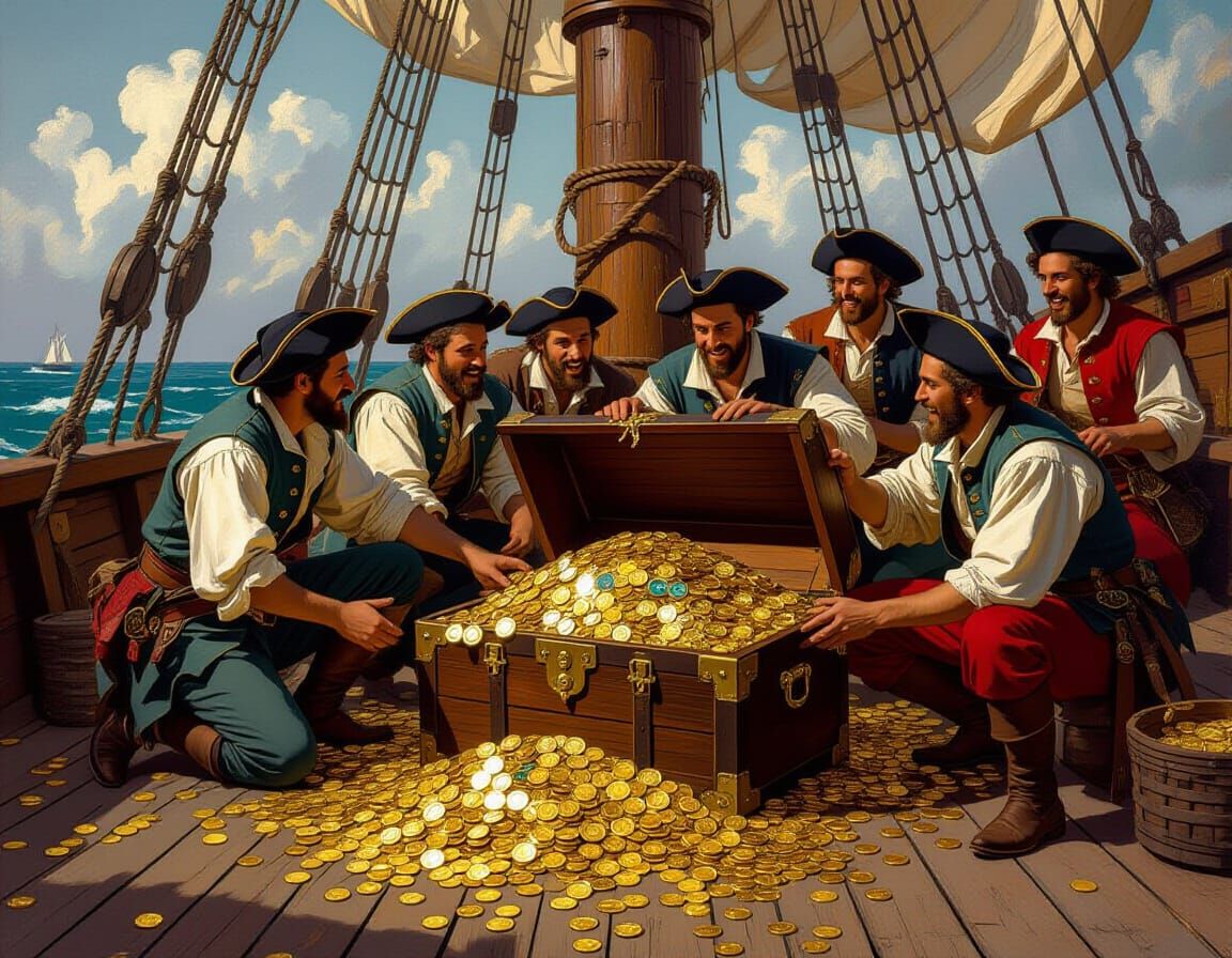Spanish Galleon Deck: Sailors Discover Treasure Chest