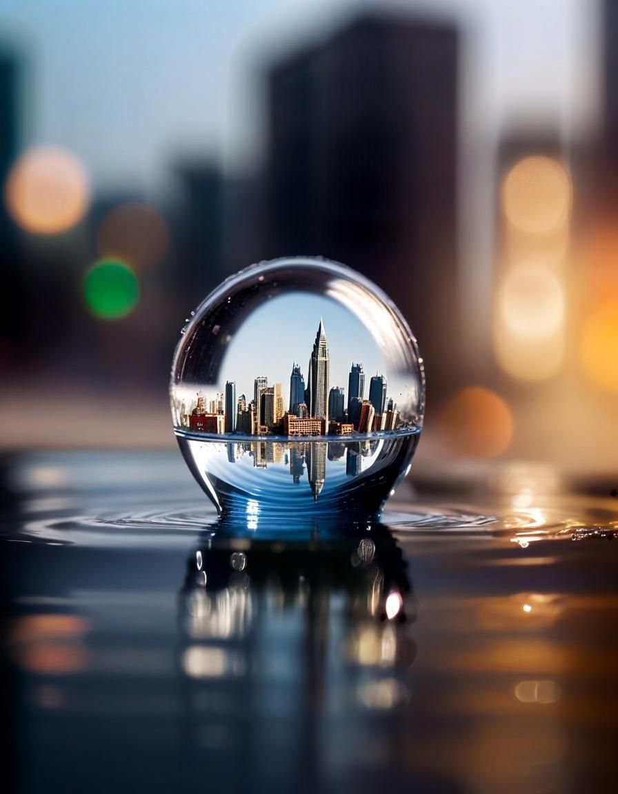 Cityscape Inside Water Drop: High-Speed Photography
