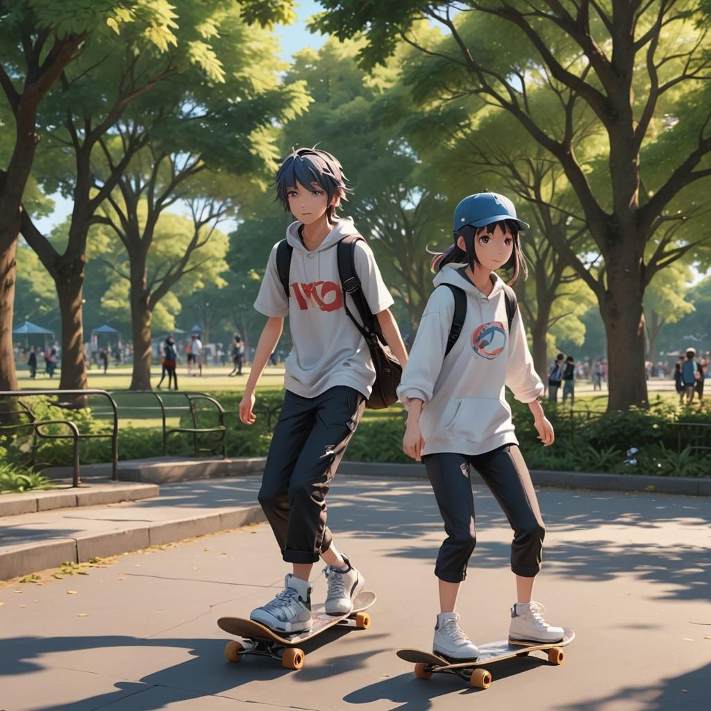 Anime Skateboarders in Park: Detailed 3D Art