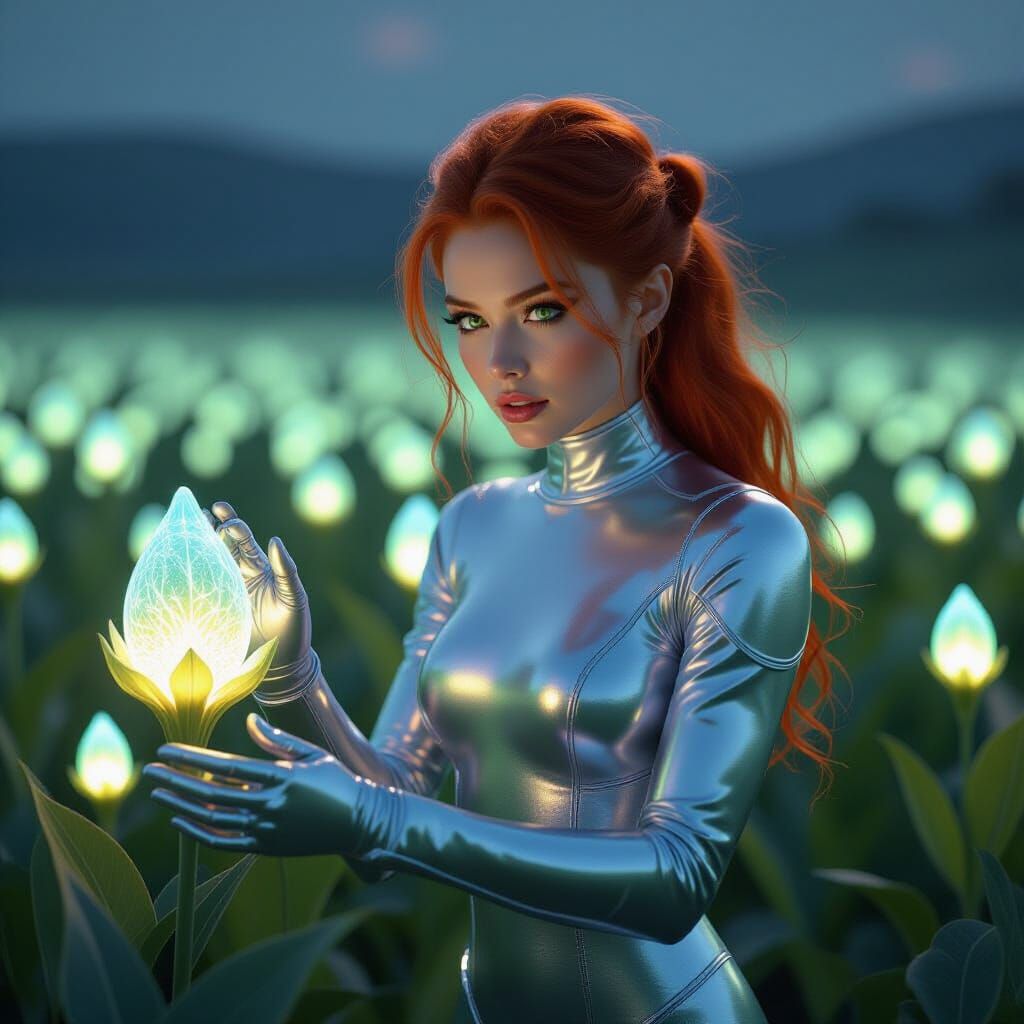 Woman in Bioluminescent Field, Art Nouveau Style
