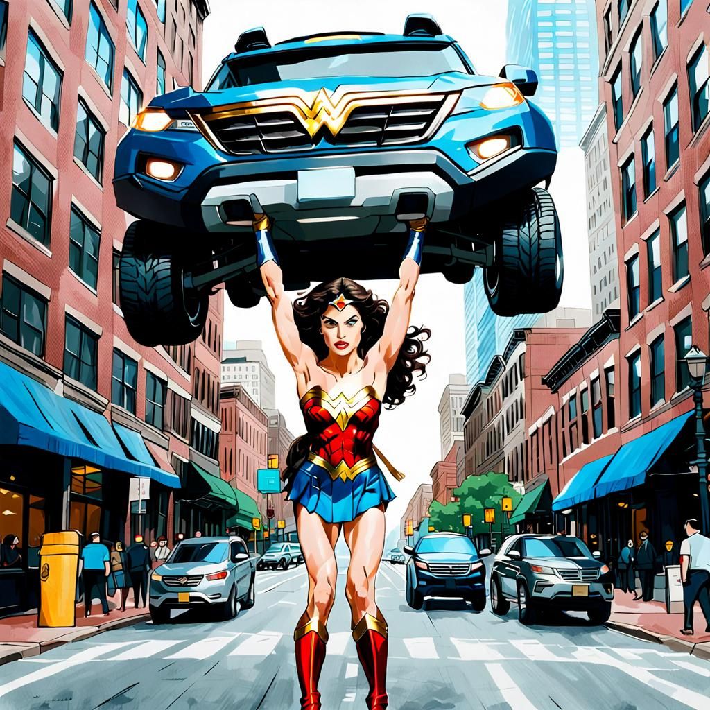 Wonder Woman Lifts SUV in Downtown Boston