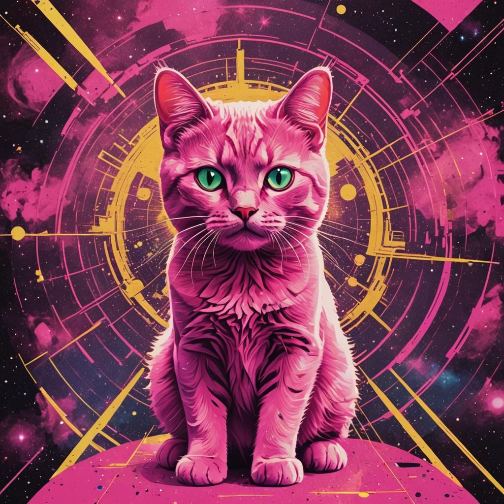 Psychedelic Pink Cat in Space: Pop Art Digital Rendering