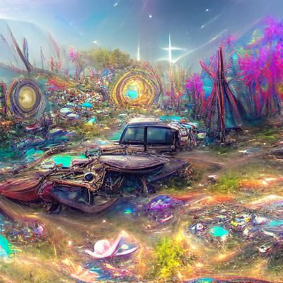 Cosmic Junkyard: Holographic Mixed Media Illustration