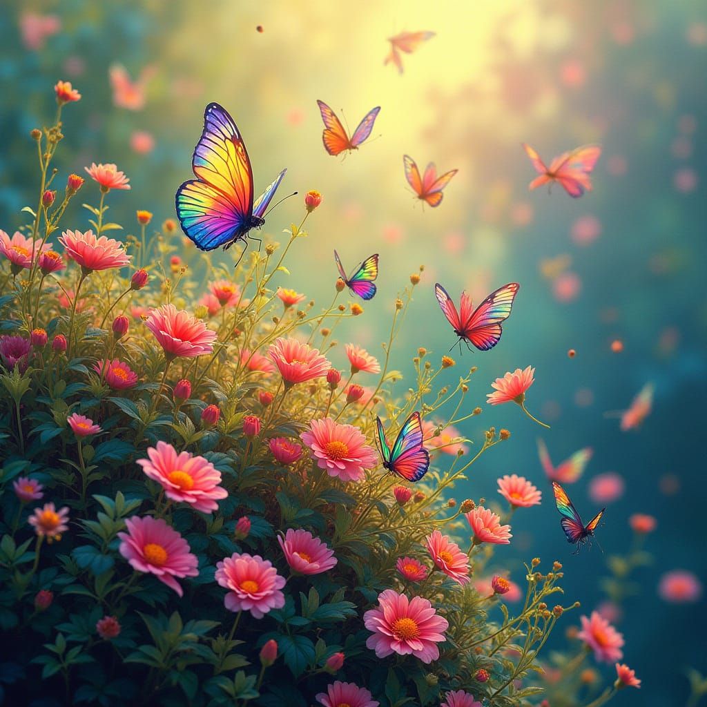Rainbow Butterflies Burst from Vibrant Floral Bush
