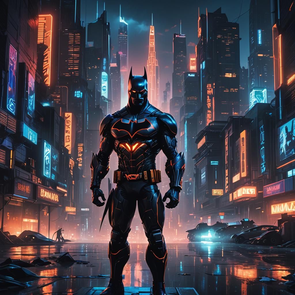 Batman Beyond in Cyberpunk Metropolis at Dusk
