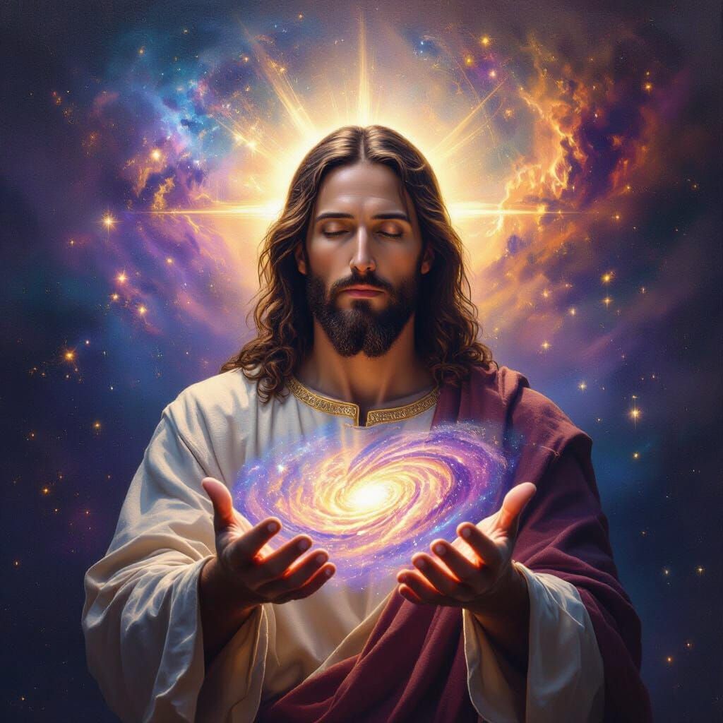 Jesus Christ Holding Galaxies in Cosmic Light