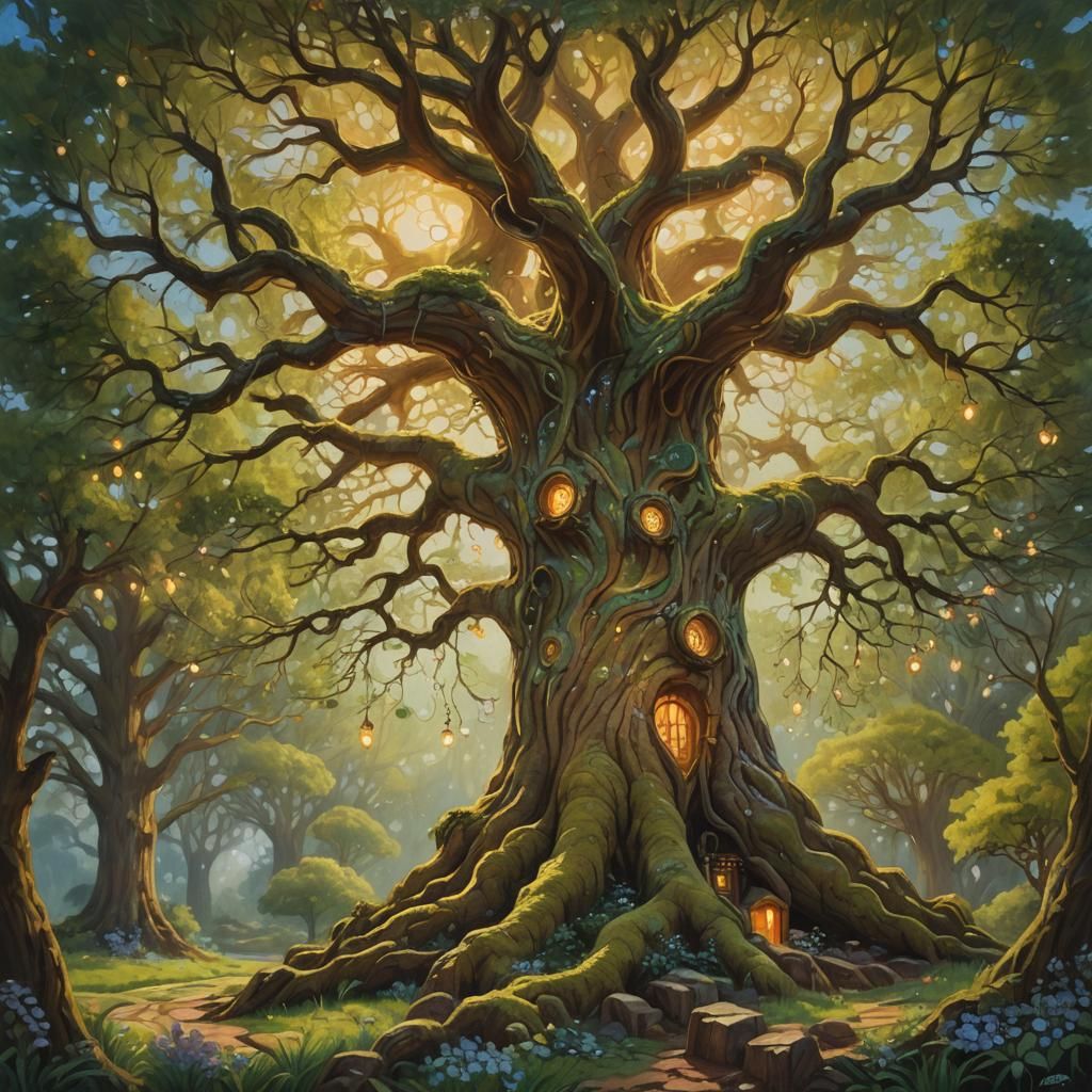 Yggdrasil Tree in Spring, Oil Painting with Fairy Lights