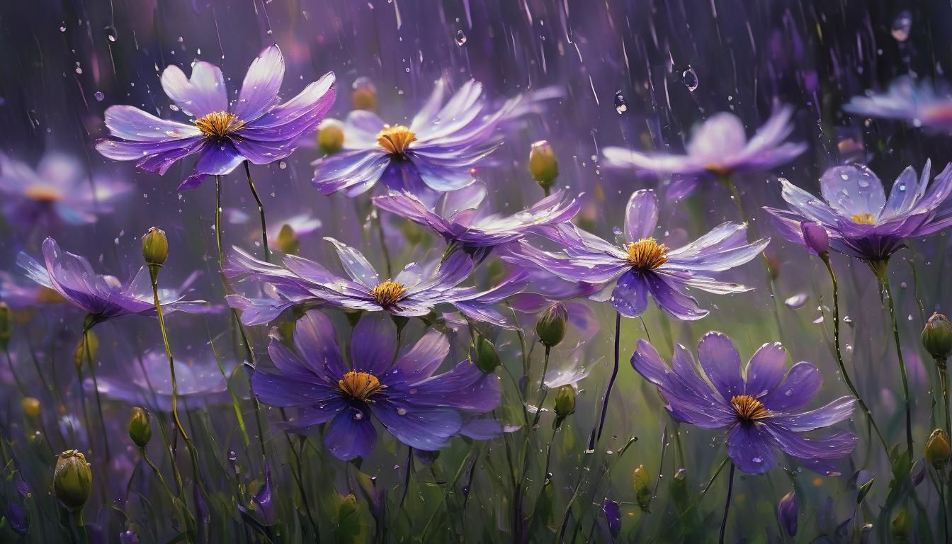 Impressionist Rain-Flowers in Violet and Purple