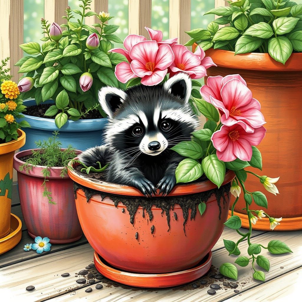 Playful Raccoon in Flower Pot, Illustrative Style