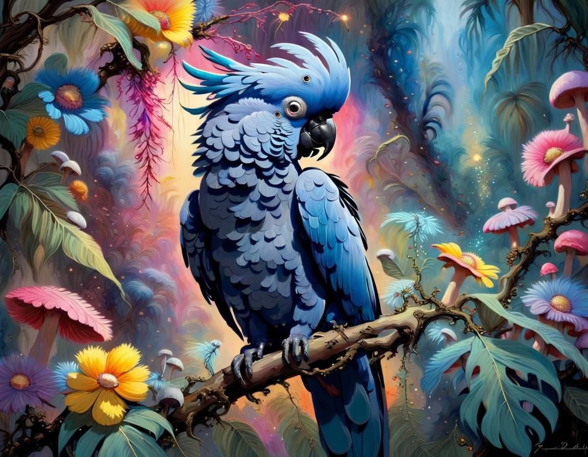 Blue Cockatoo in Fantasy Jungle, Dreamlike Portrait