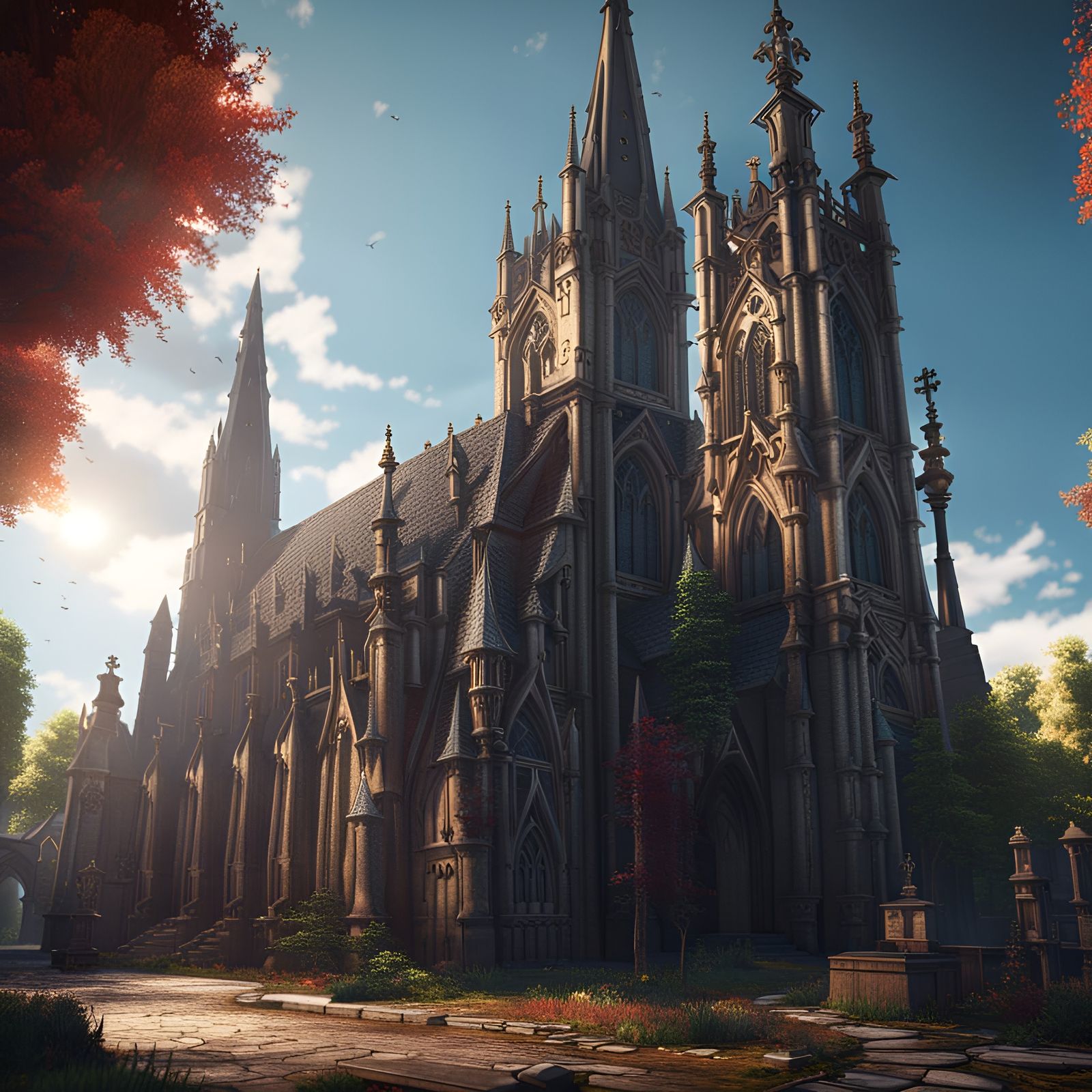 Gothic Church in Sunny Town: Detailed Matte Painting