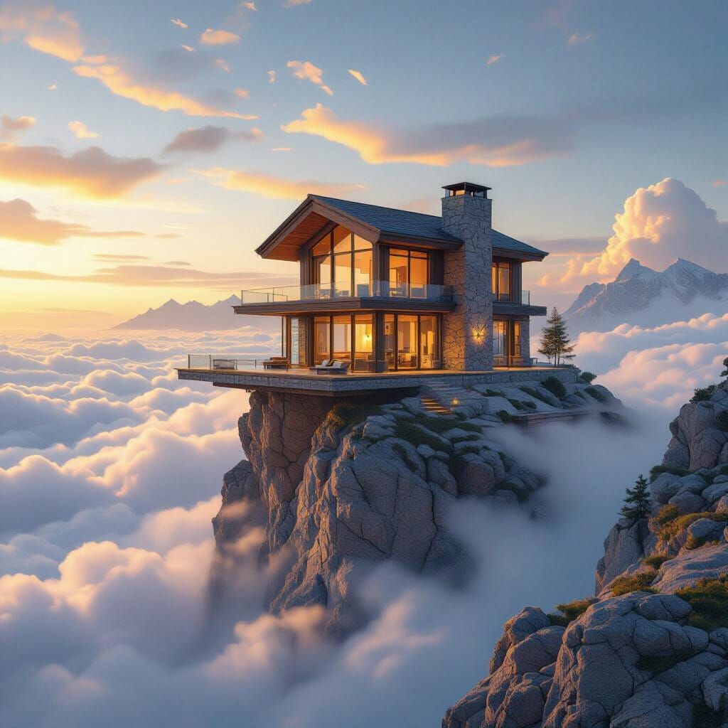 Ethereal Mountain Home in Golden Hour Light