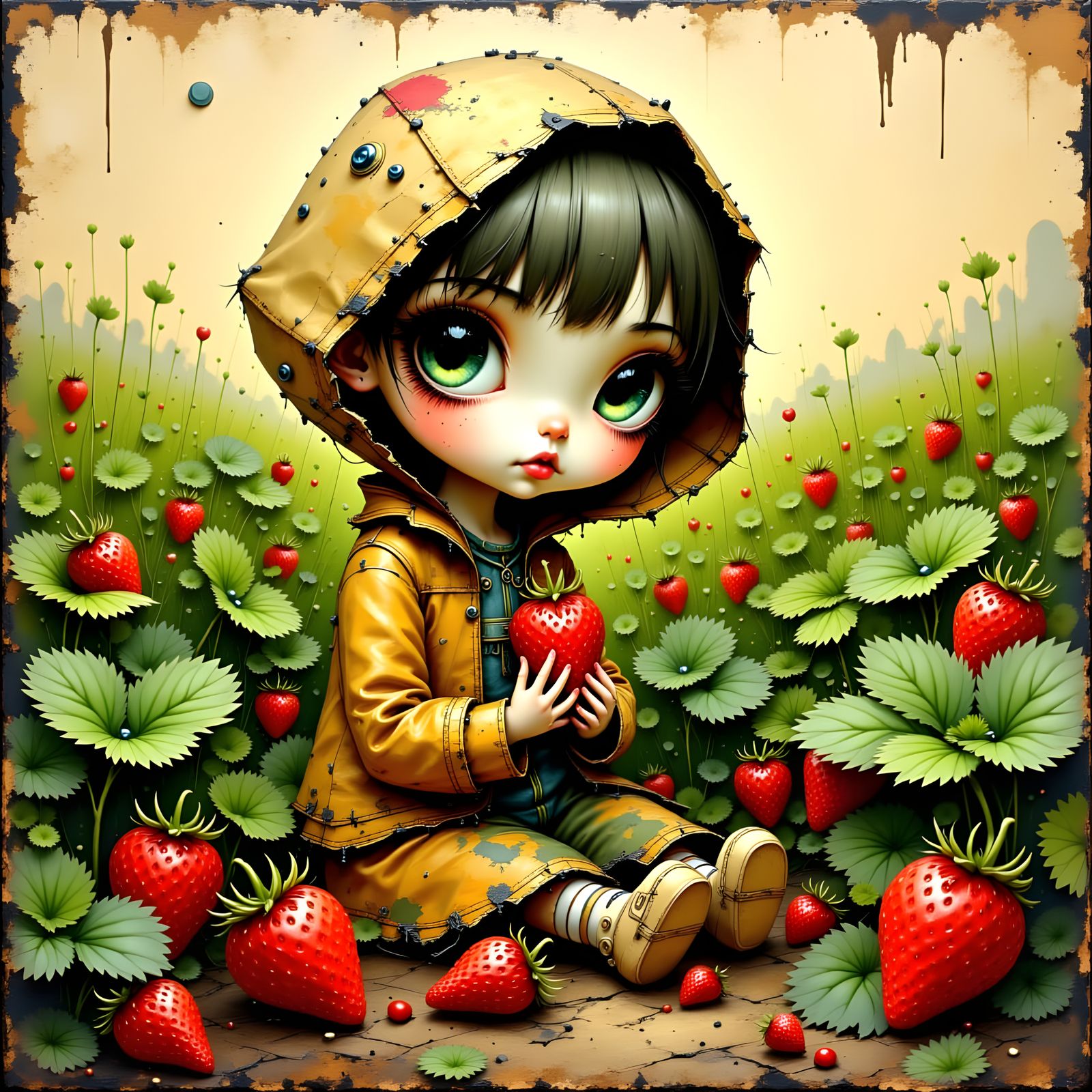 Whimsical Stitched Doll in Strawberry Field as Impasto Paint...